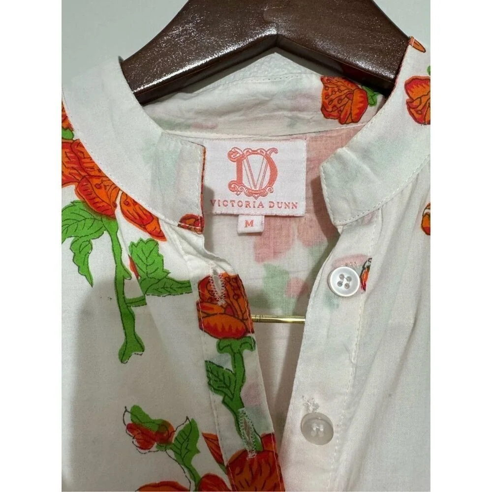 Victoria‎ Dunn White Orange Floral Tiered Maxi Dress Mandarin Collar Medium